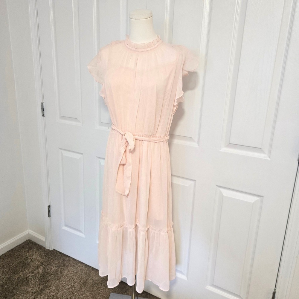 Ann Taylor Midi Dress Womens Medium Pink Chiffon Ruffle Tiered Flutter Sleeve